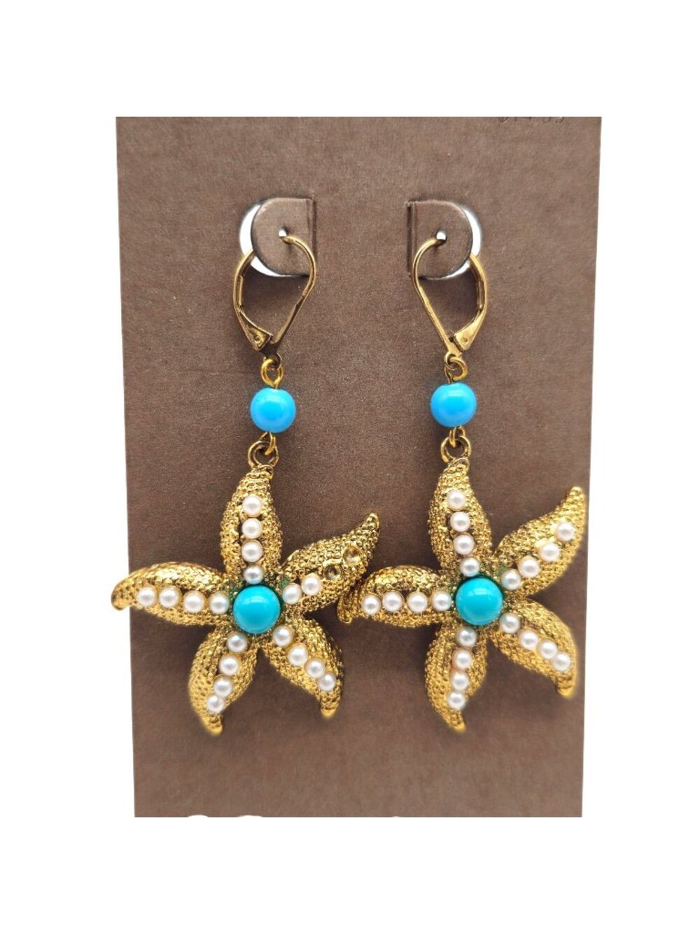 Gold Starfish Earrings Faux Turquoise Pearl Accents Nickel-Free Nautical Beach